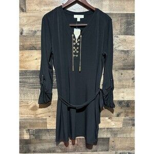 Michael Kors Womens XL Dress Belted Gold Chain Lace Up Neck NWT $125